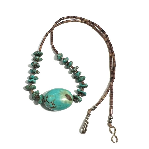 Vintage Native American Turquoise Heishi Bead Necklace Turquoise Chips & Shell - Picture 1 of 8